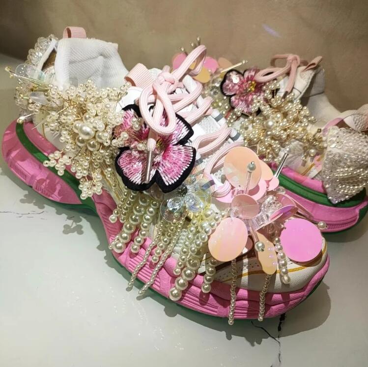 Tassel Fringe Trim - プリンセススタイルパールビーズタッセルスパンコールダディシューズ刺繍フラワーラウンドトゥレースアップスニーカー女性カジュアルシューズ