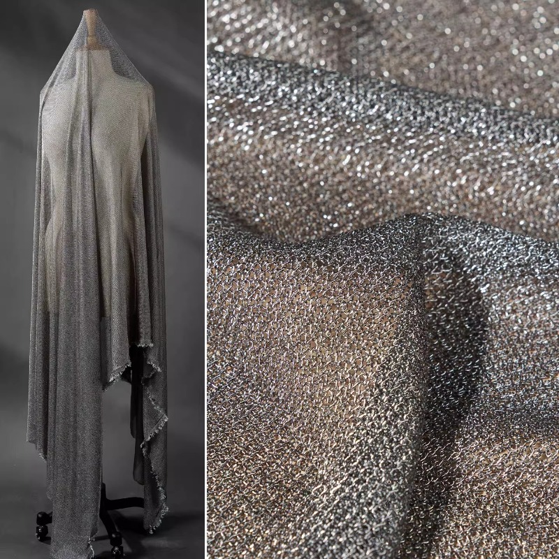 Crystal Mesh Fabric - ライトグレーメタリック糸生地 4方向ストレッチ ソフトニット 通気性のあるドレス トップス クリエイティブアパレル