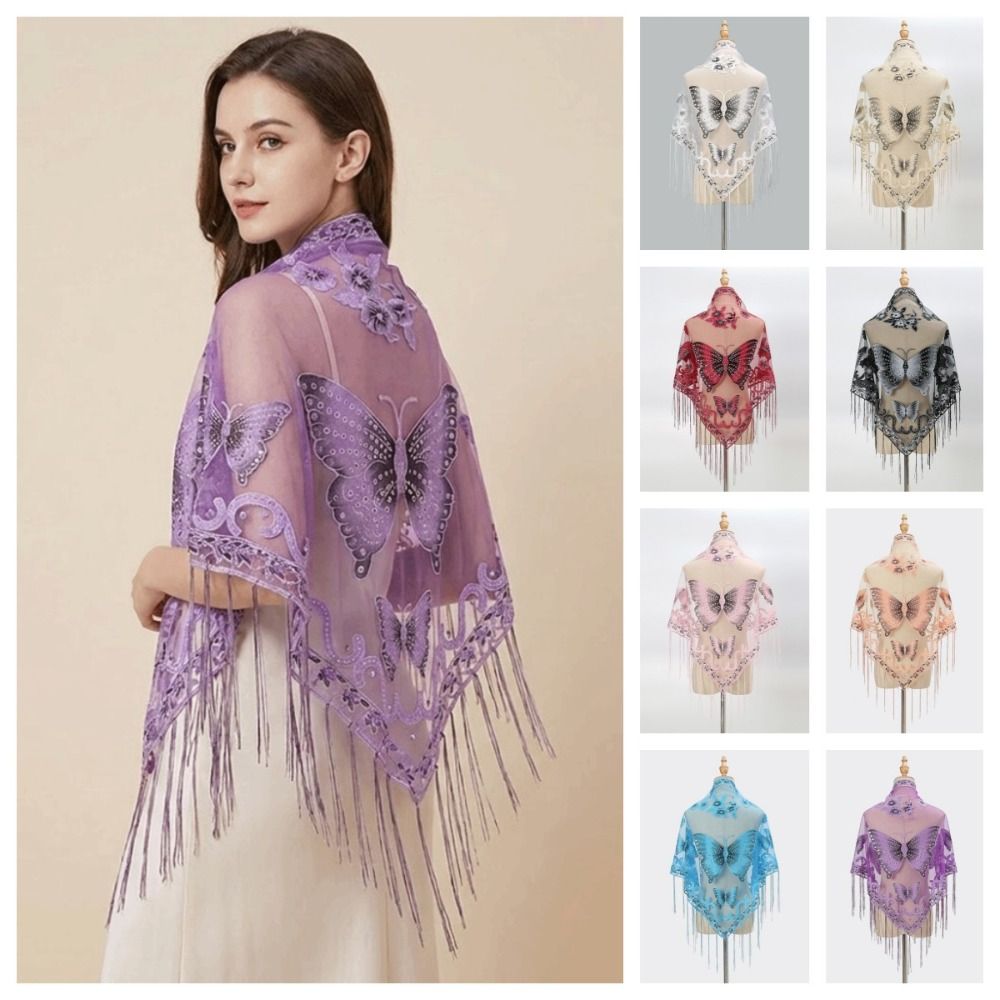 高級フラワーレース中空スカーフ蝶刺繍タッセル三角ショールラッ - Tassel Fringe Trim のレビューと価格