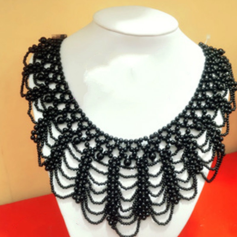 新しいパールビーズレーストリムカラーネックレスエレガントな中 - Beaded Trim Fringe のレビューと価格