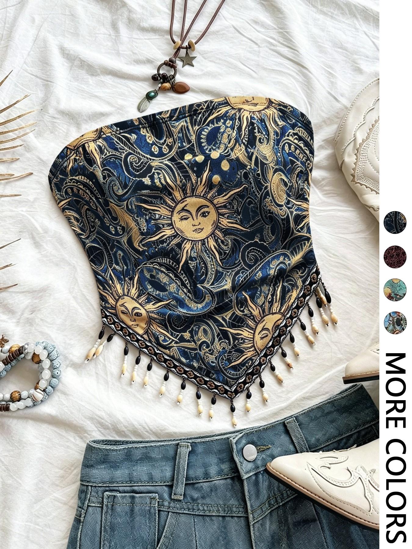 レディース 1ピース プリントメッシュニットチューブトップ、 - Beaded Trim Fringe のレビューと価格