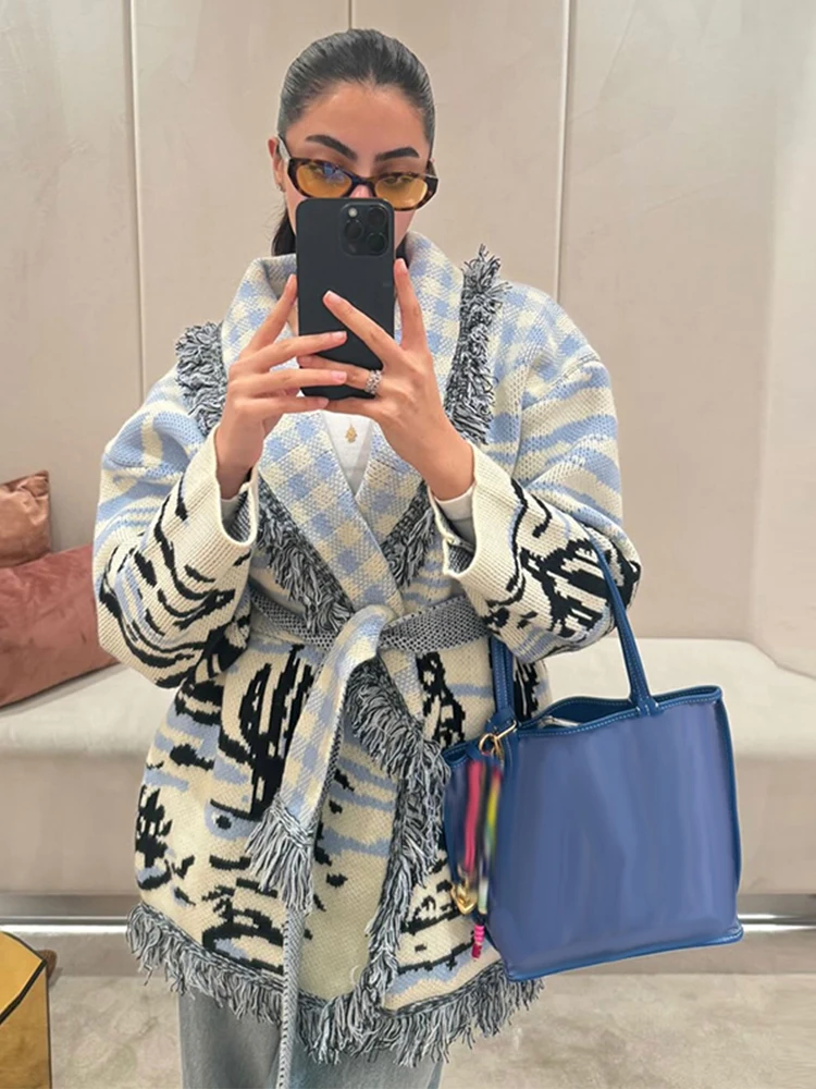 プリントニットタッセルカーディガン レディース ベルト付き  - Tassel Fringe Trim のレビューと価格