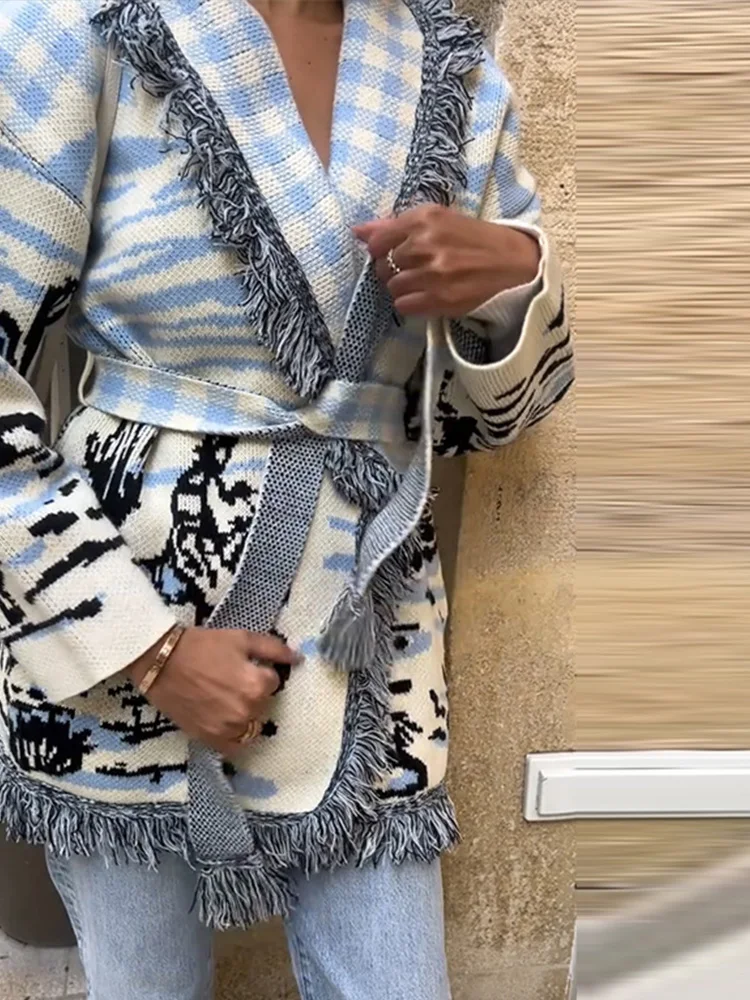 プリントニットタッセルカーディガン レディース ベルト付き  - Tassel Fringe Trim のレビューと価格