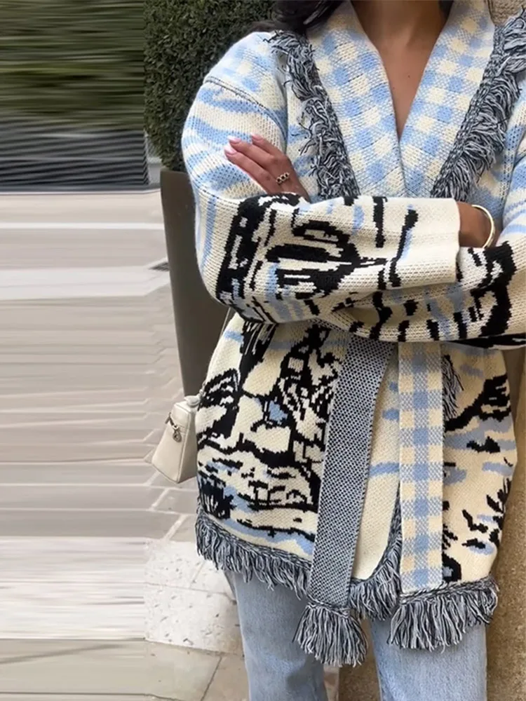 プリントニットタッセルカーディガン レディース ベルト付き  - Tassel Fringe Trim のレビューと価格